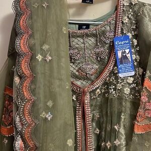 IF Embroidered Olive Green Dress with Coral Accents